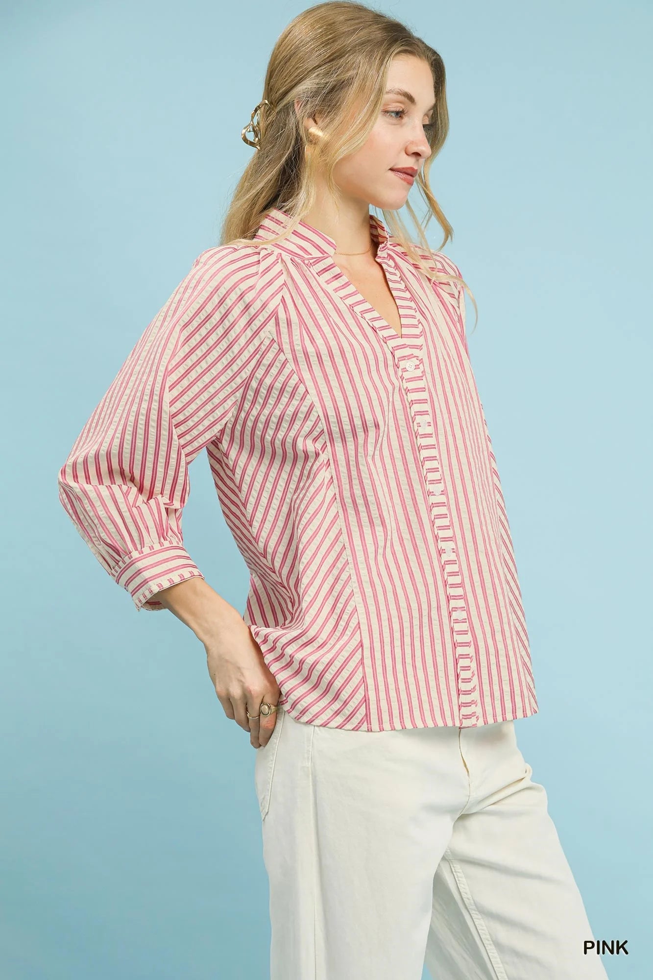 Umgee Striped V-Neck Button Down Top