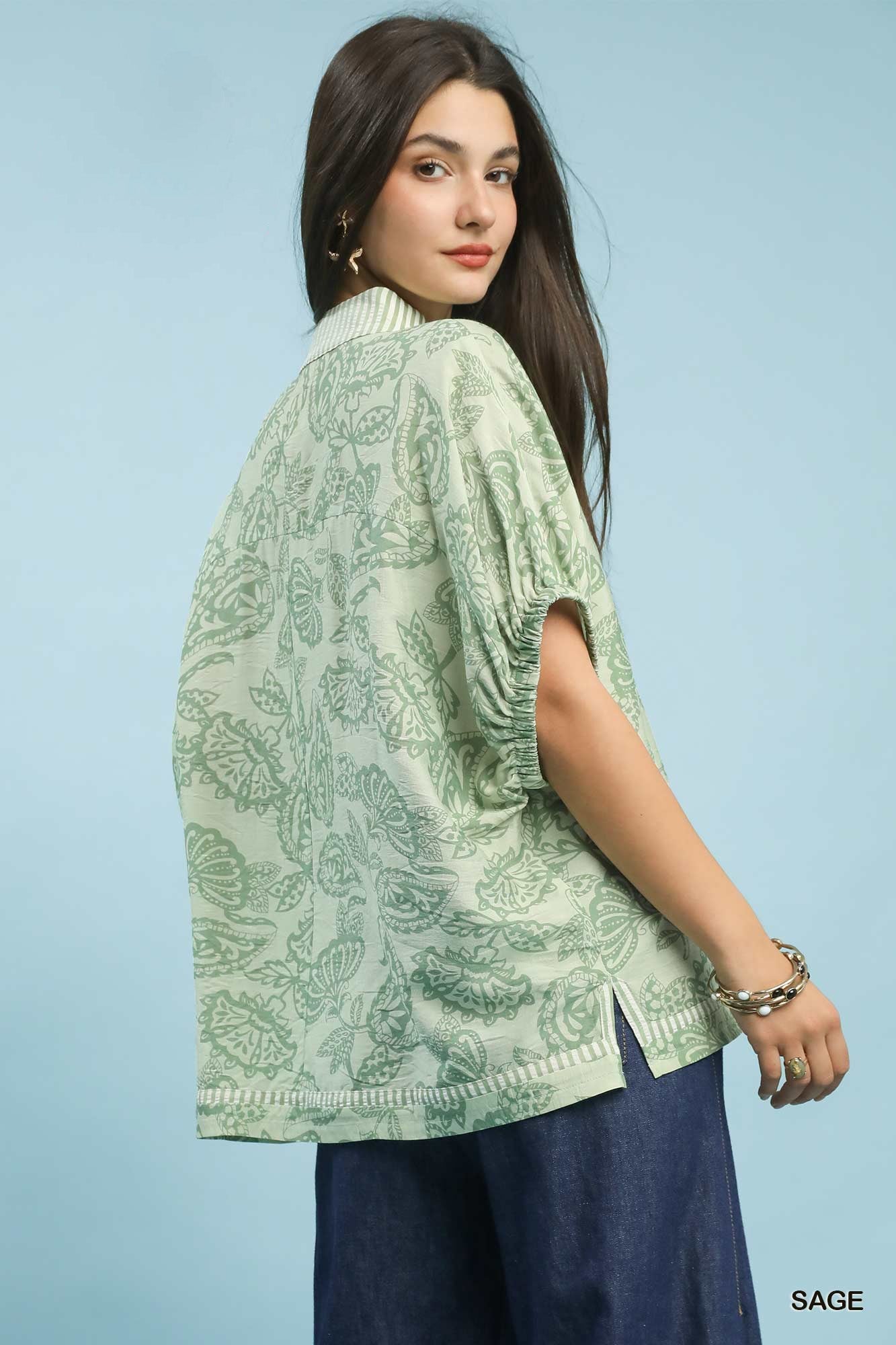Umgee Botanical Print Mixed Trim Tunic Top