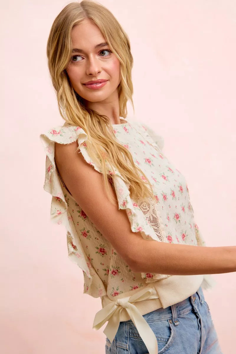 BiBi Flower Printed Ruffle Sleeve Trim Detail Top