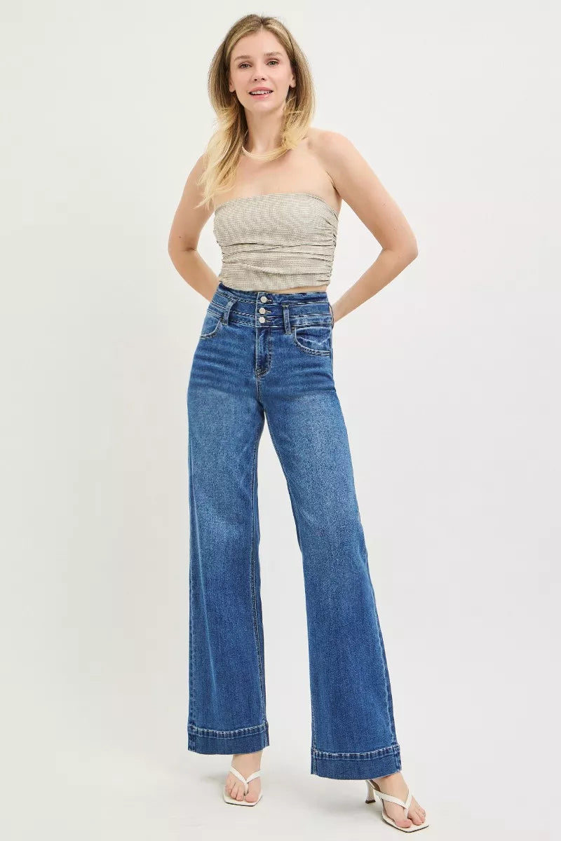 RISEN High Rise Wide Leg Wide Band Detail Jeans