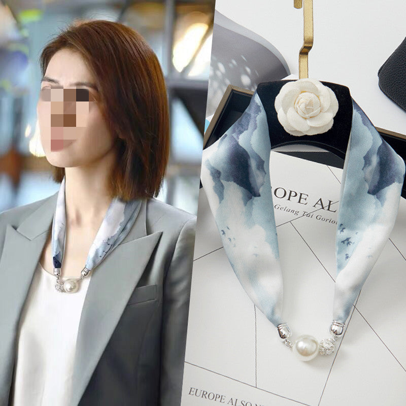 Magnetic Buckle Silk Women Scarf Pearl Necklace (See size chart where applicable)