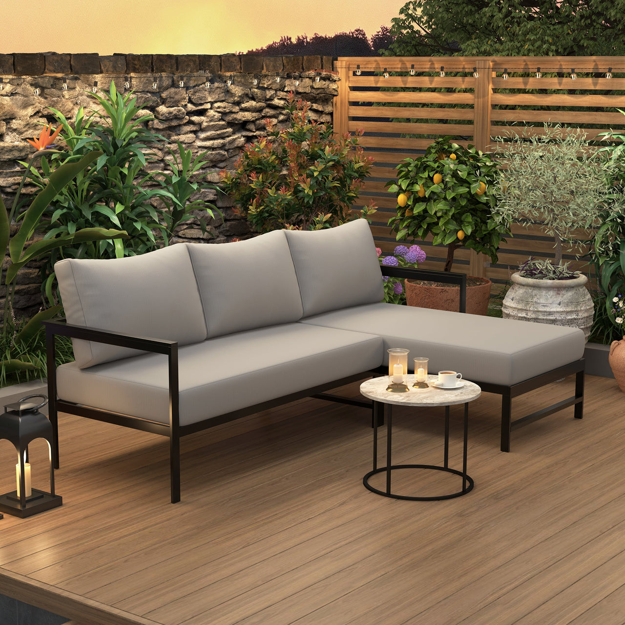 U_style Outdoor L-Shaped Sofa with Iron Frame,Weather-Resistant Patio Sofa Set with Ultra-Thick Cushions,Comfortable Seating for 3,Ideal for Patio, Balcony,and Garden