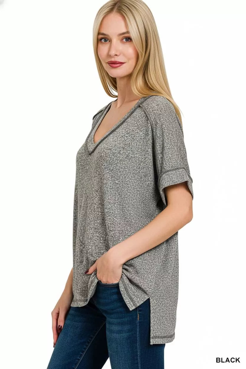 Zenana Full Size Soft Melange Hacci V-Neck Short Sleeve Hi-low Tee Plus Size