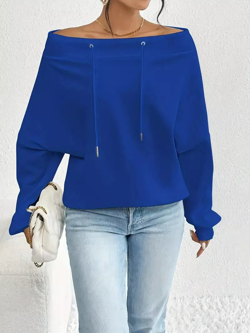 Off-Shoulder Drawstring Sweatshirt