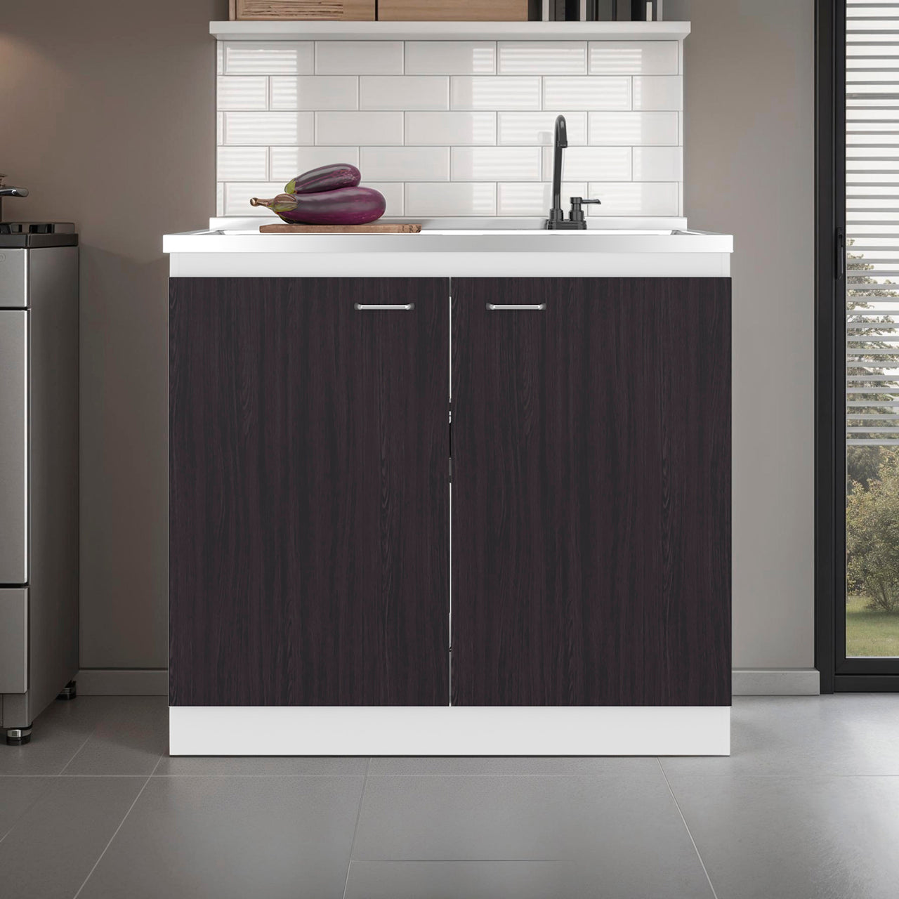 Salento Freestanding Sink, Double Door Cabinet, Two Shelves, White / Black Wengue