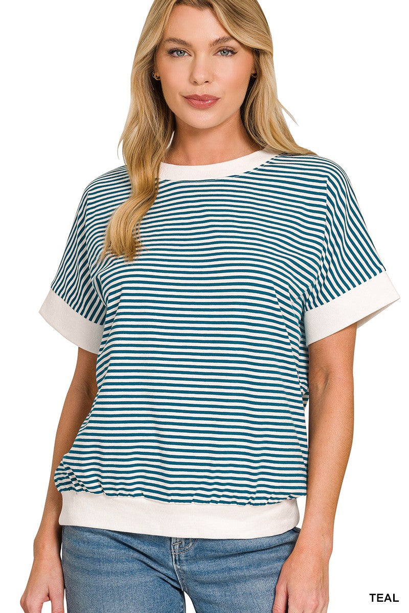 Zenana Stripe Contrast Trim Banded Bottom Top