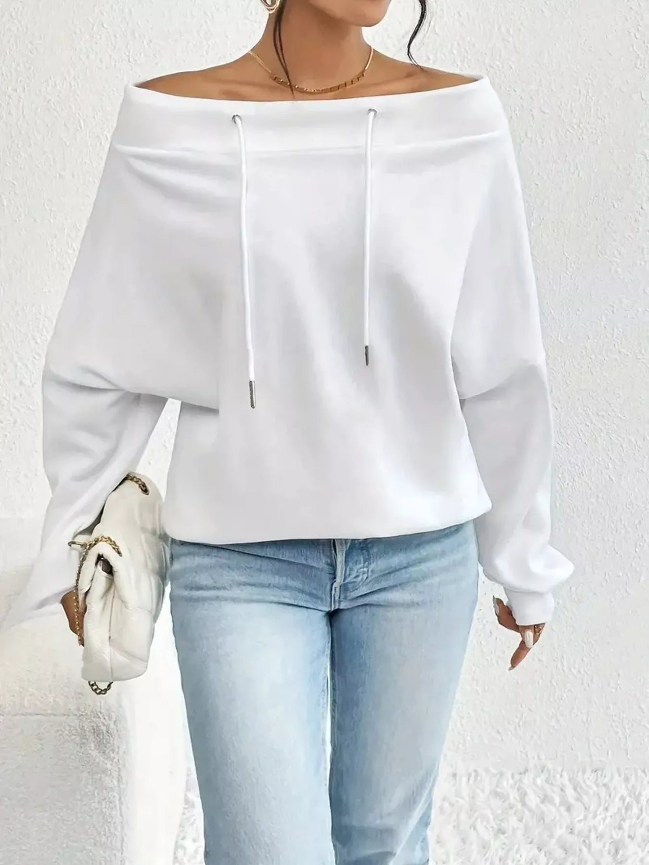 Off-Shoulder Drawstring Sweatshirt