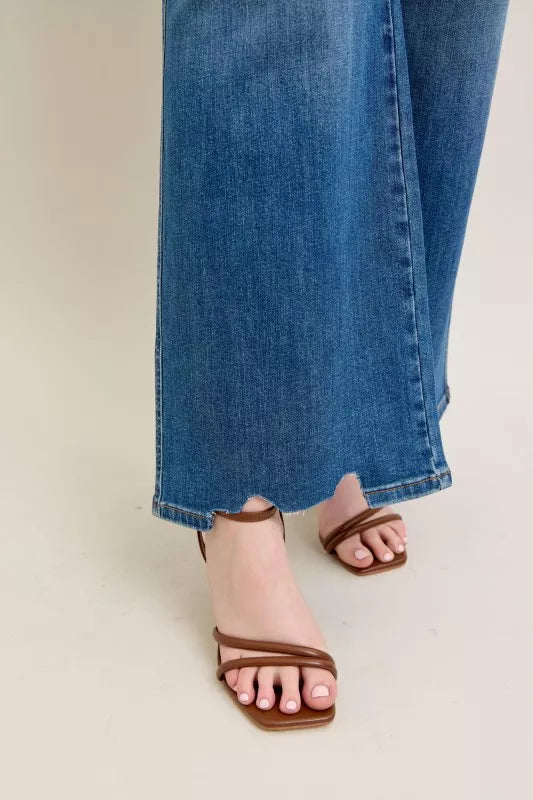 Judy Blue Full Size High Waist Tummy Control Chew Hem Destroyed Wide Jeans Plus Size