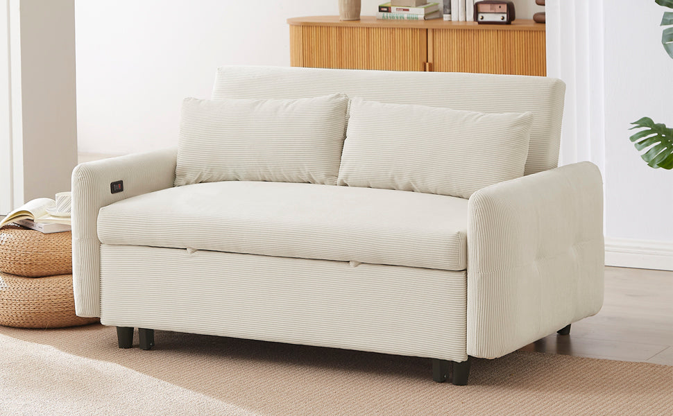 Modern Convertible Pull-out Sofa Bed with USB Ports and Pillows, Beige Corduroy, 57.48 inches