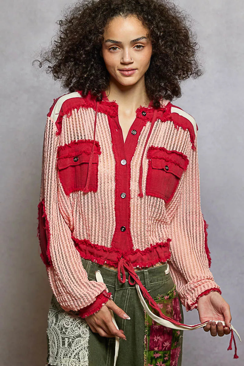 POL Texture Woven Button Down Hooded Shirt with Drawstring Hem