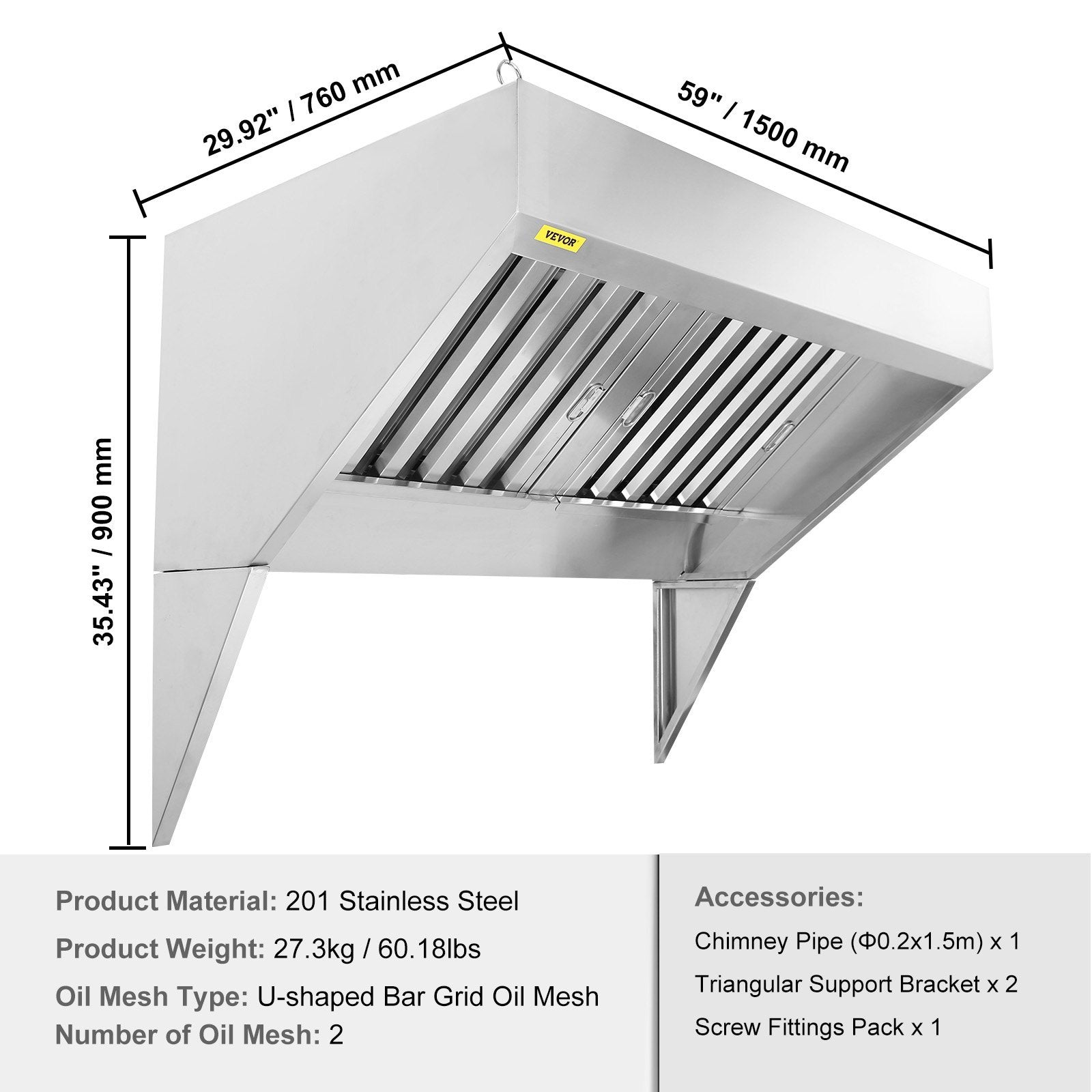 Commercial Exhaust Hood, 5FT Food Truck Hood Exhaust, 201 Stainless Steel Concession Trailer Hood with 2 Detachable U-shaped Grid Oil Filter Mesh, Rust Resistant Vent Hood for Kitchen Restaurant