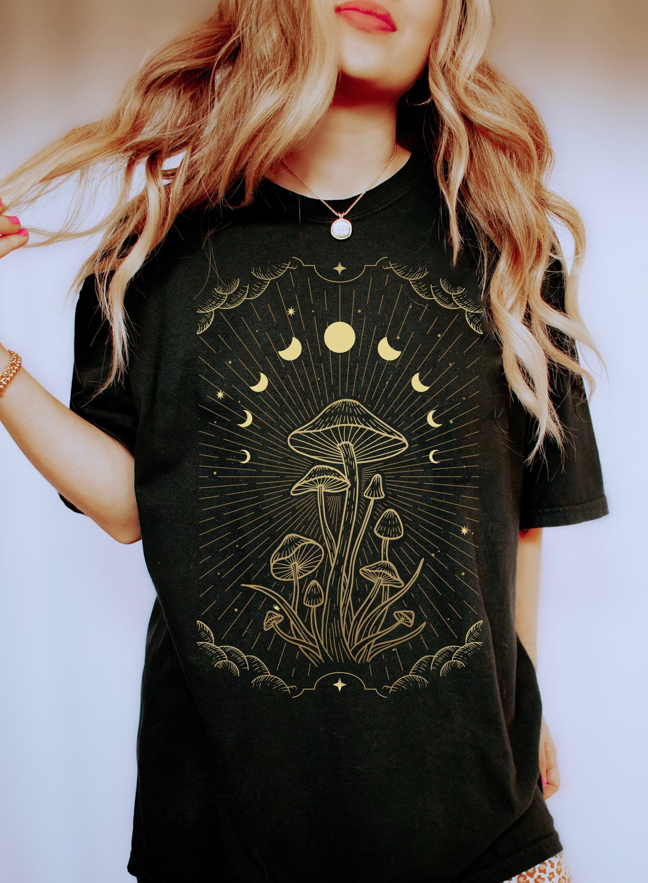 Celestial Moon Phases and Mushrooms in a Dreamy Cosmic Garden Scene Comfort Colors Tee