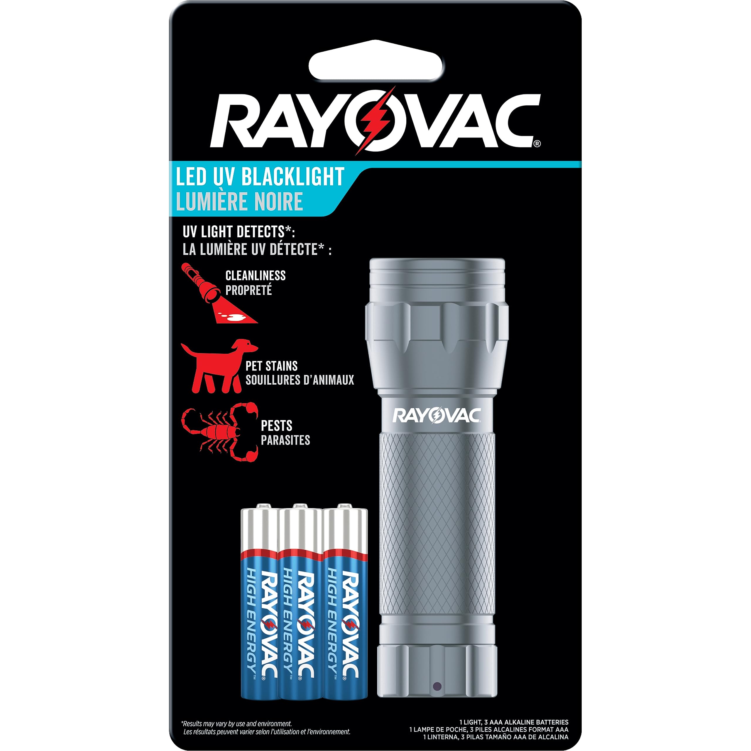 Rayovac UV Flashlight Black Light Ultraviolet Light for Detecting Pet Stains and Auto Leaks Flash Light with AAA Batteries Included Pack of 1