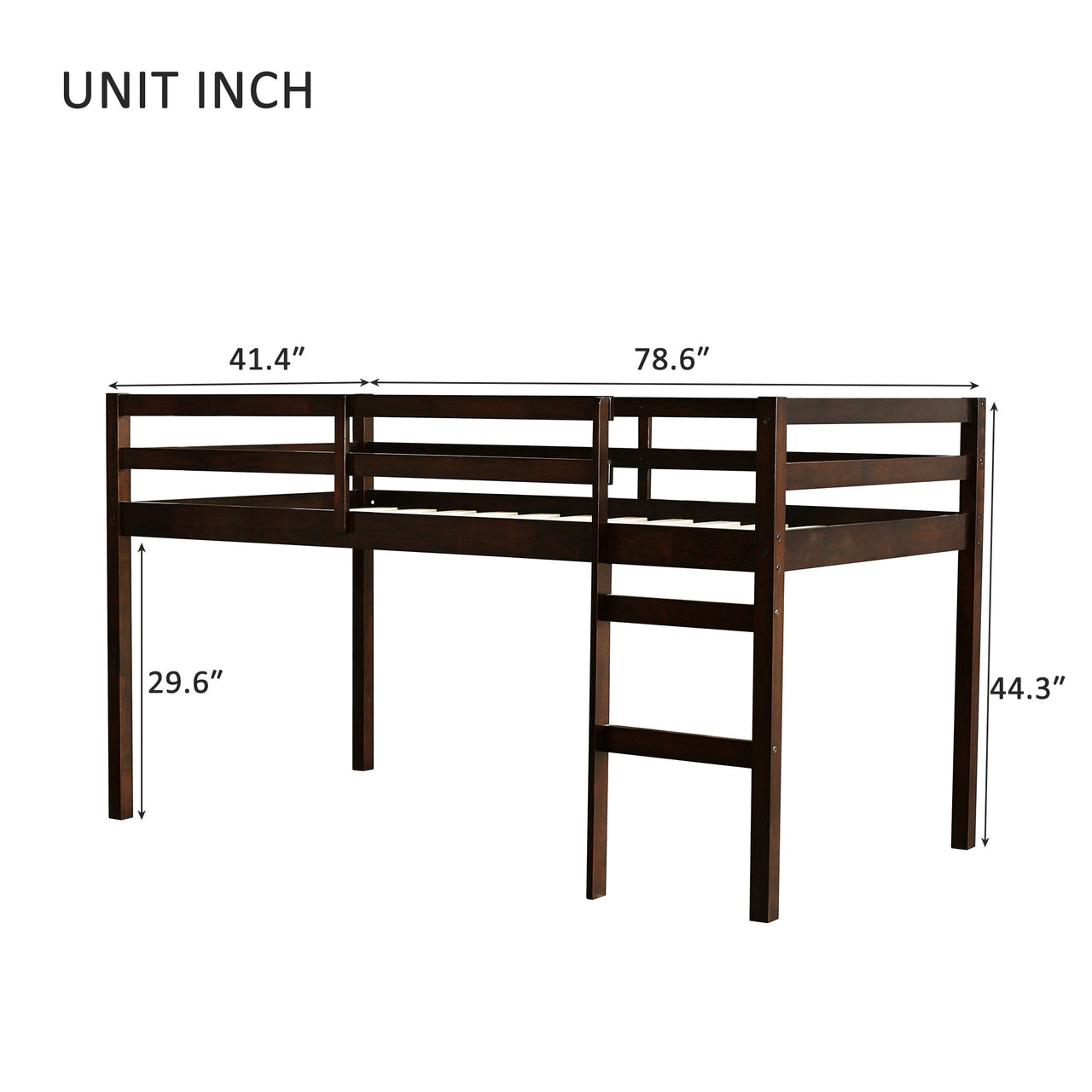Solid Wooden, Rubber Wooden Twin Loft Bed with Ladder, Bed Platform of Strengthened Slats , Espresso