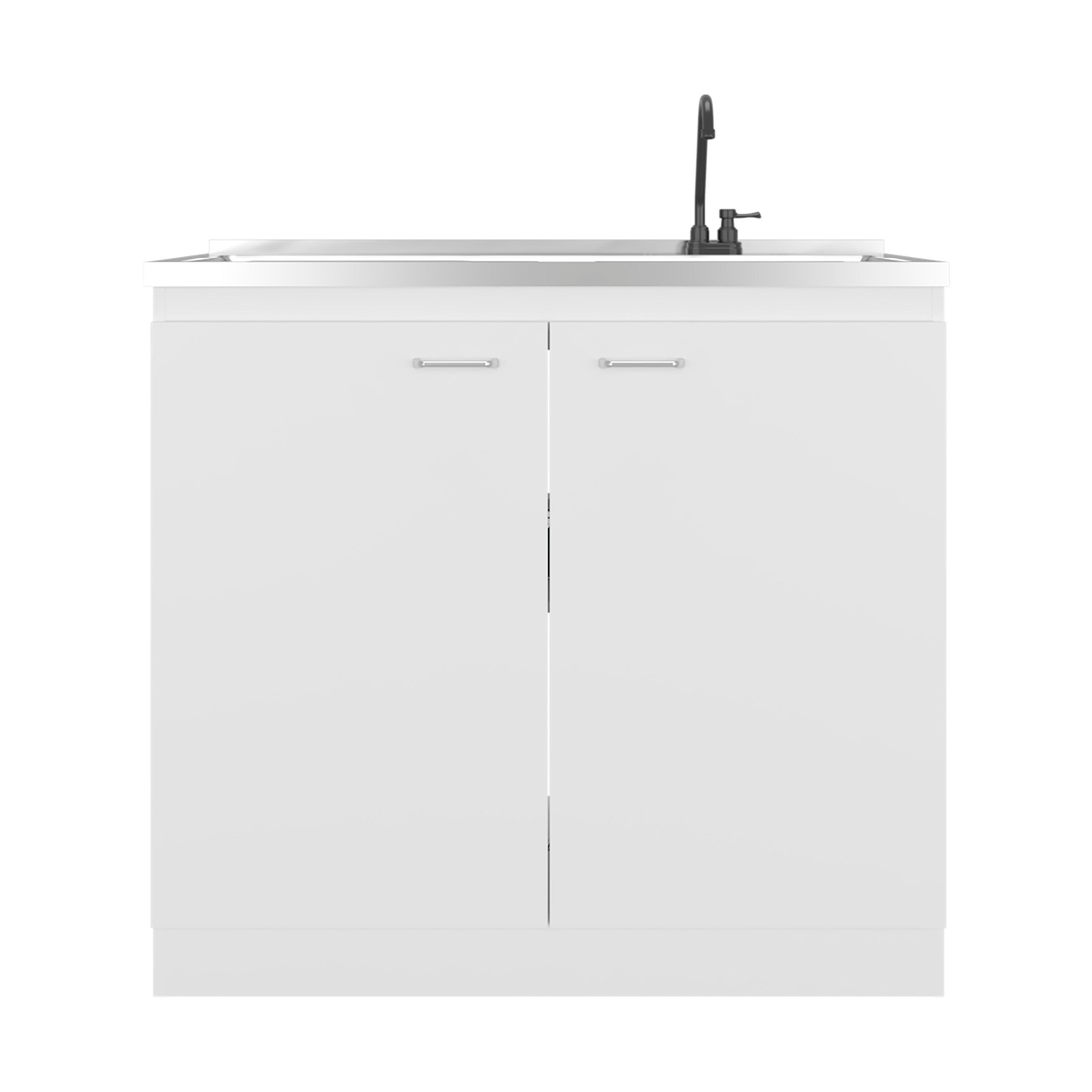Napoles Utility Sink with Faucet Inclued and Integrated Stainless Steel Counter top, Freestanding cabinet with two doors, Metal Handles and Two interior shelves, White