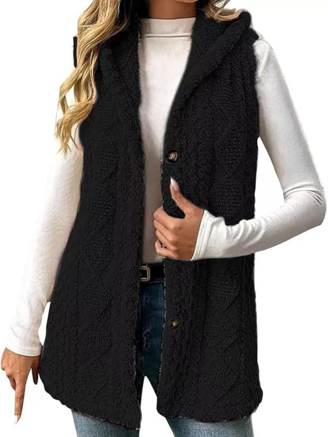 Button-Down Sherpa Hooded Vest Coat