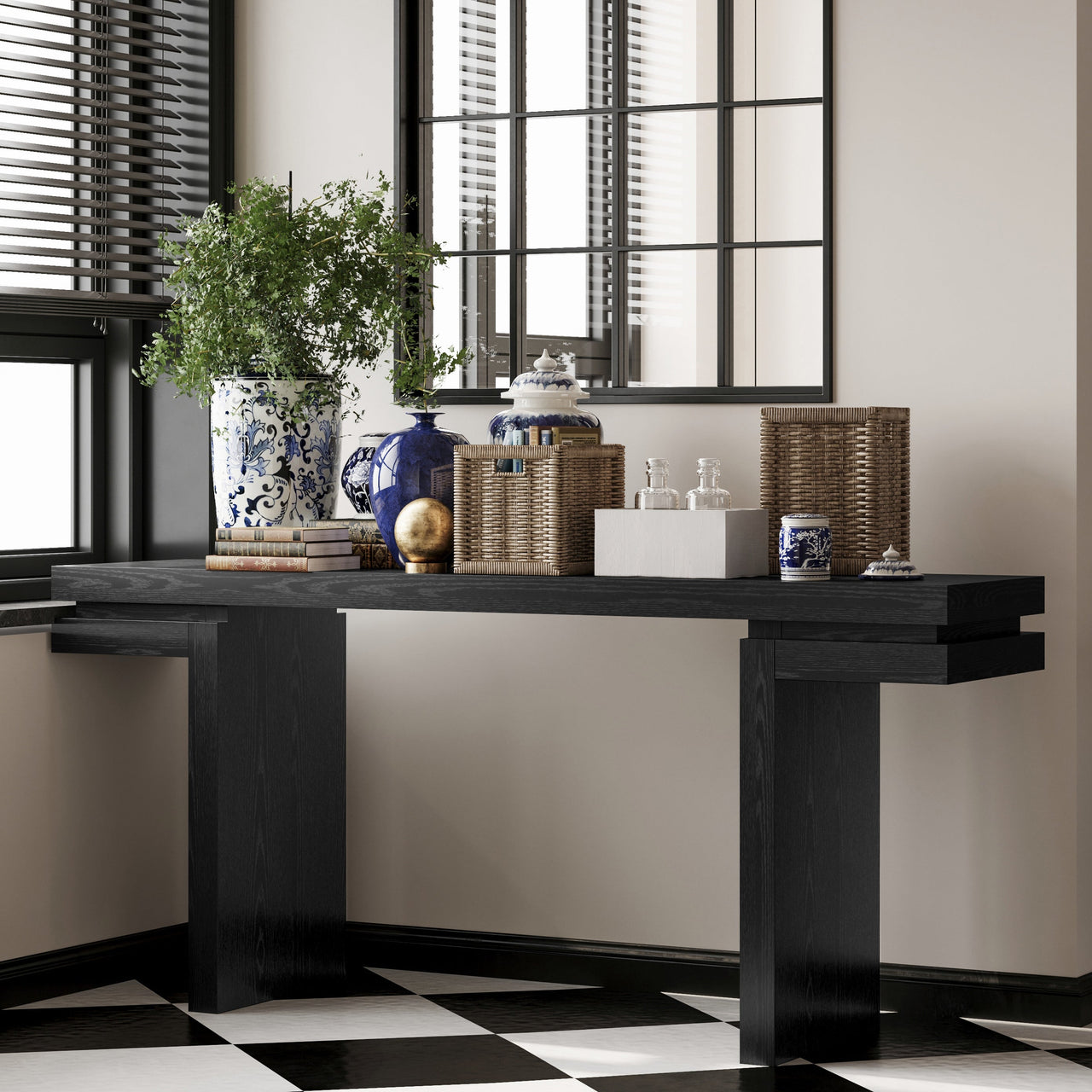 66' Extra Wide Real Wood Veneered Console Table, Minimalist Sofa Table Behind Couch for Entryway, Hallway, Living Room, Home Office, Black