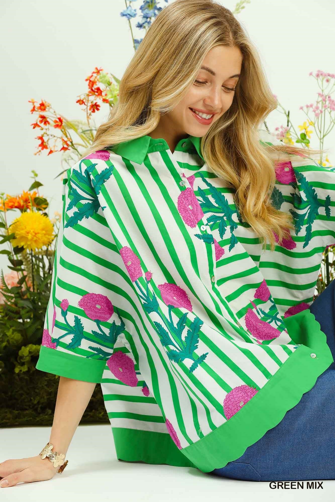 Umgee Mix Floral Stripe Button Down Top