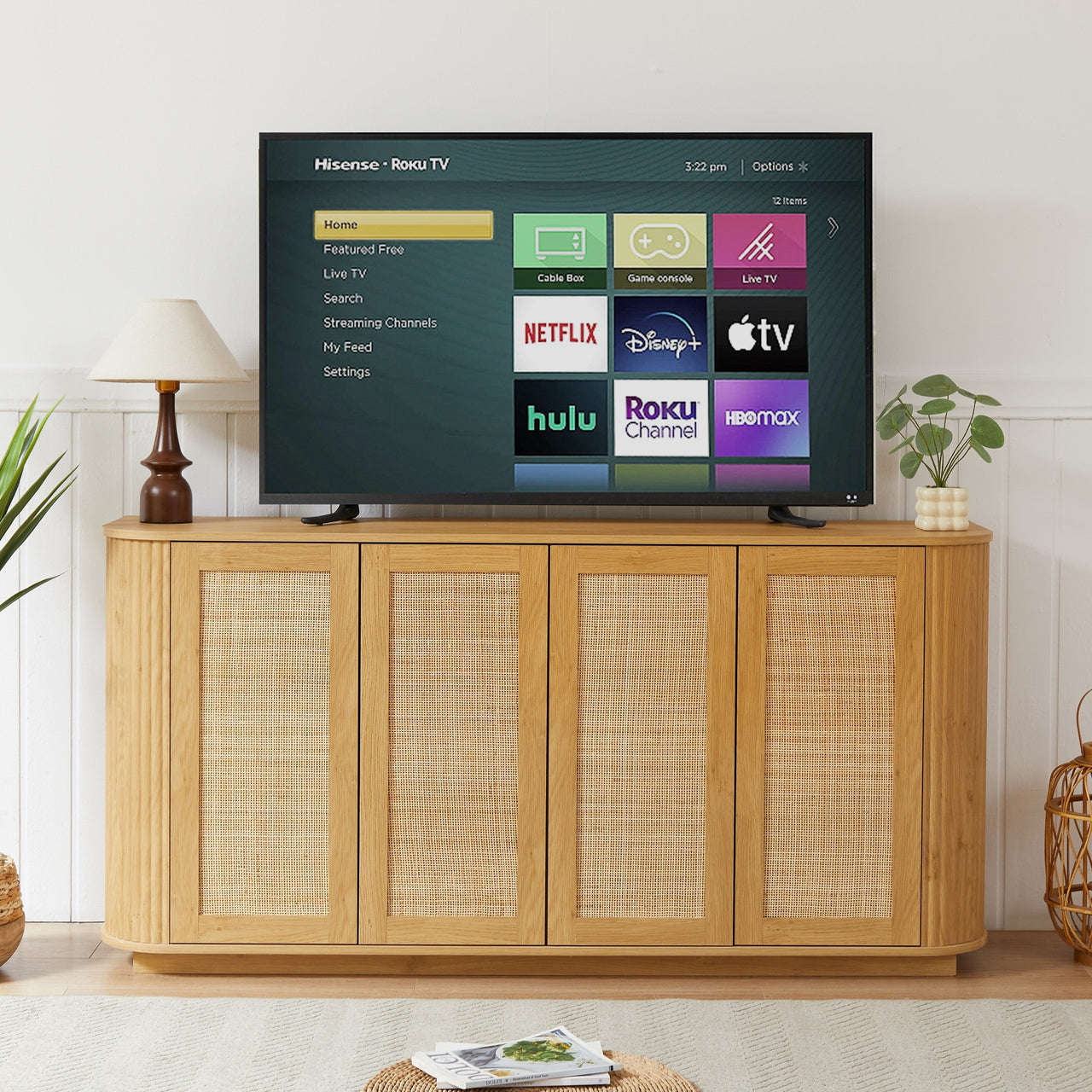 Contemporary Wave Shaped 64-Inch TV Stand with Rattan Doors in Natural Wood Finish