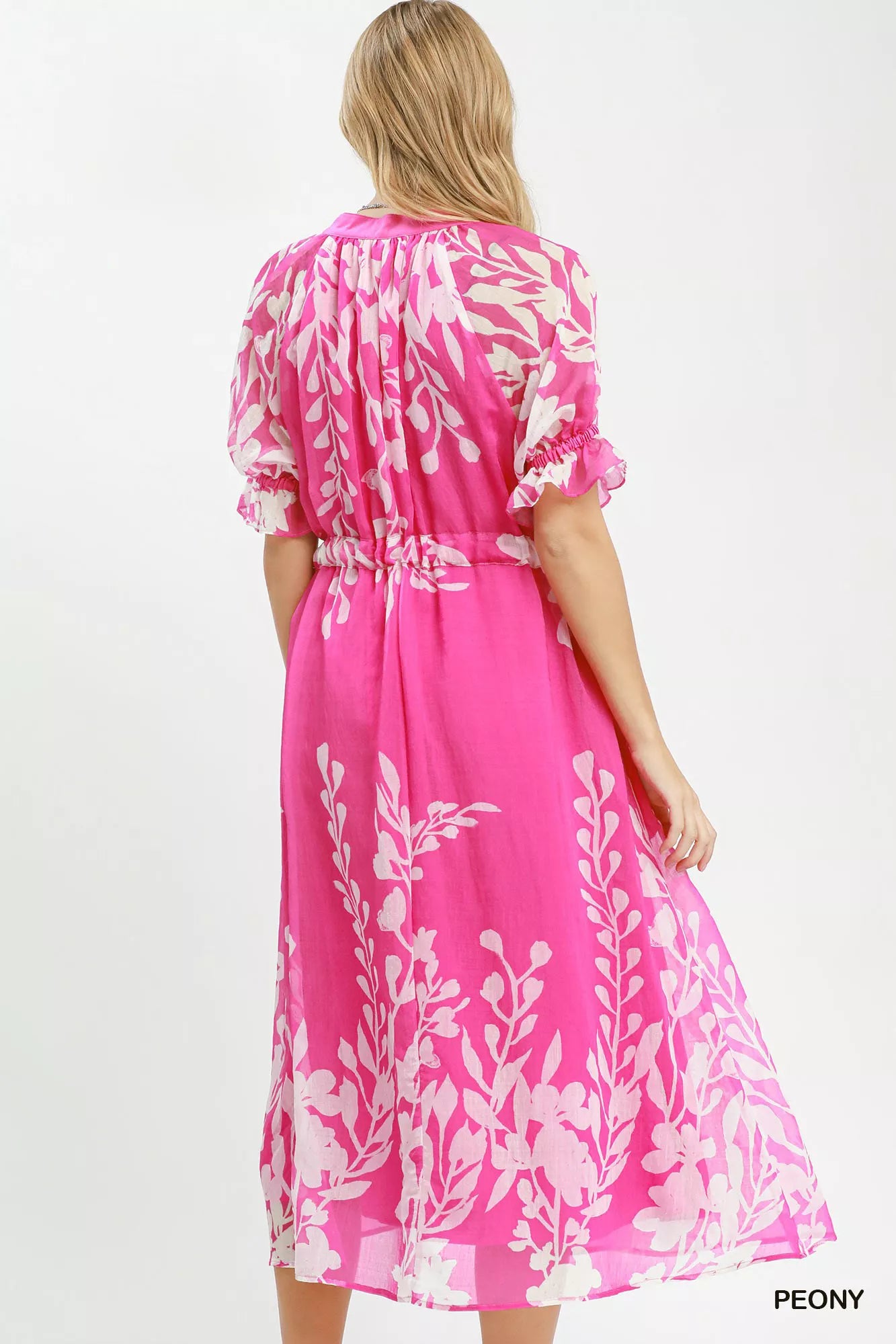 Umgee Floral Print Tie Waist Midi Dress with Side Pockets