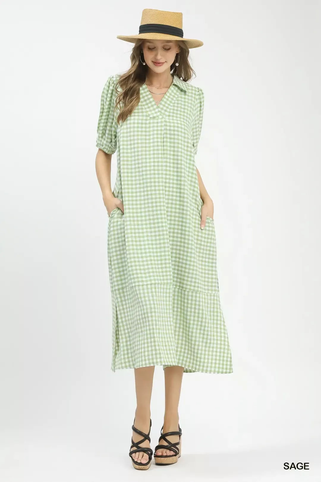 Umgee Gingham Midi Dress with Side Pockets