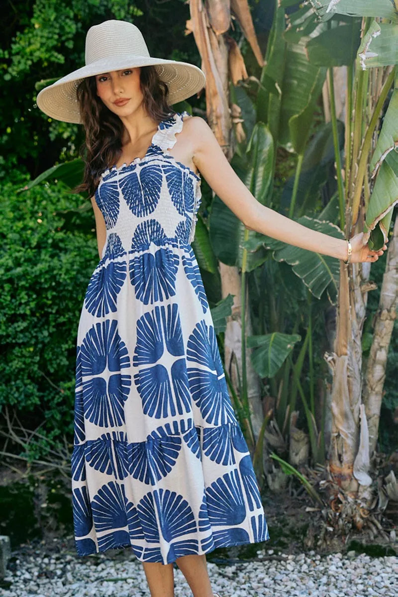 SO ME Abstract Print Smocked Bodice Tiered Lined Midi Dress