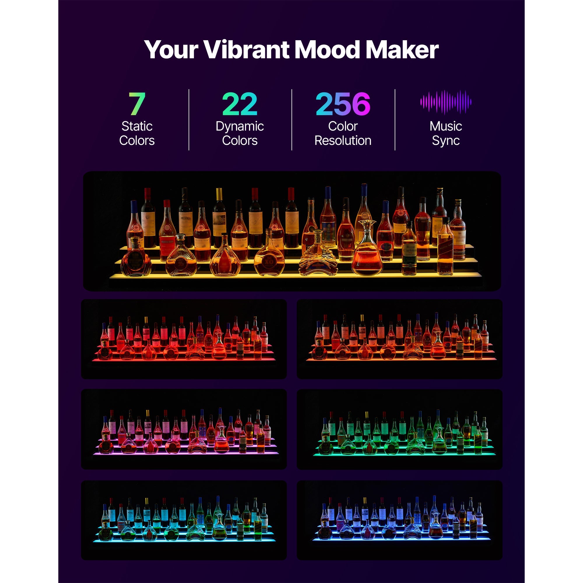 LED Lighted Liquor Bottle Display, 3-Tier 70 Inch, Illuminated Home Bar Shelf with RF Remote & App Control, 7 Static Colors, Acrylic Lighted Whiskey Shelf for 52 Bottles, Powered by Adapter Only