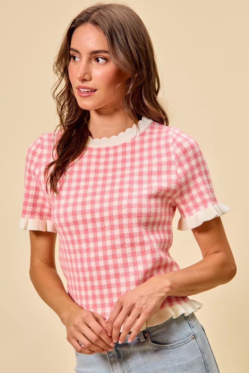 SO ME Gingham Knit Ruffled Short Sleeves Sweater Top