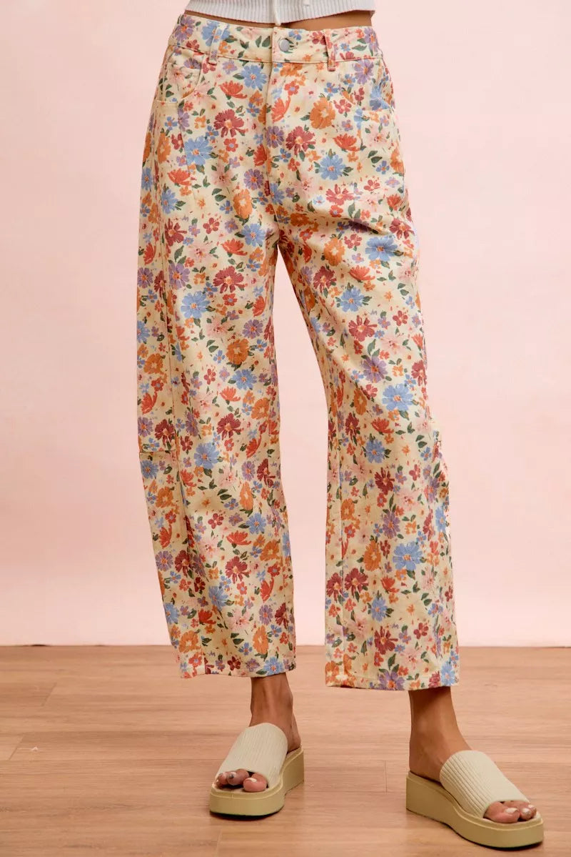 BiBi Washed Floral Printed Twill Barrel Pants