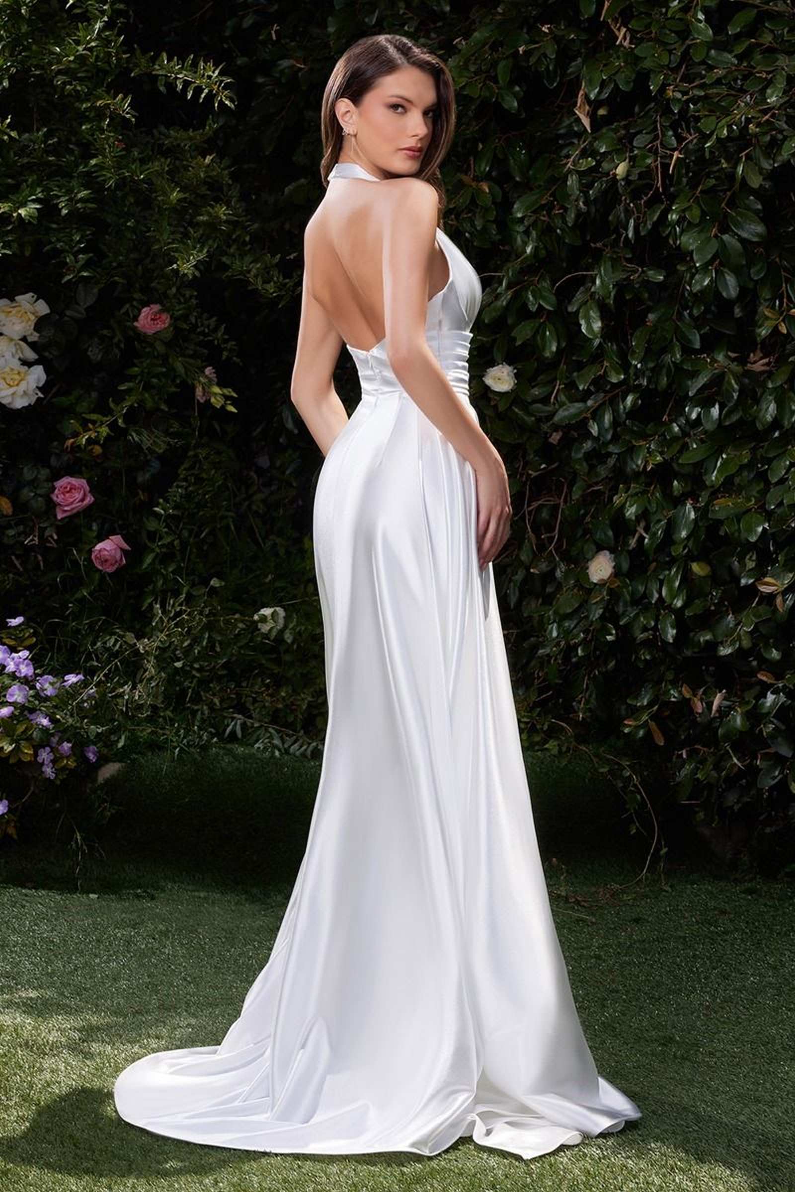 Ladivine CH079 Floor Length Fitted Halter Satin Gown Leg Slit Side Sash