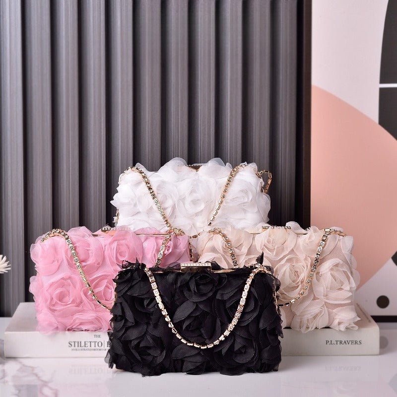 Chiffon Rose Evening Bag | Floral Clutch with Crystal Chain Strap (MAC355)