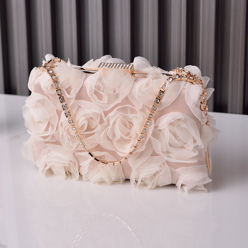 Chiffon Rose Evening Bag | Floral Clutch with Crystal Chain Strap (MAC355)