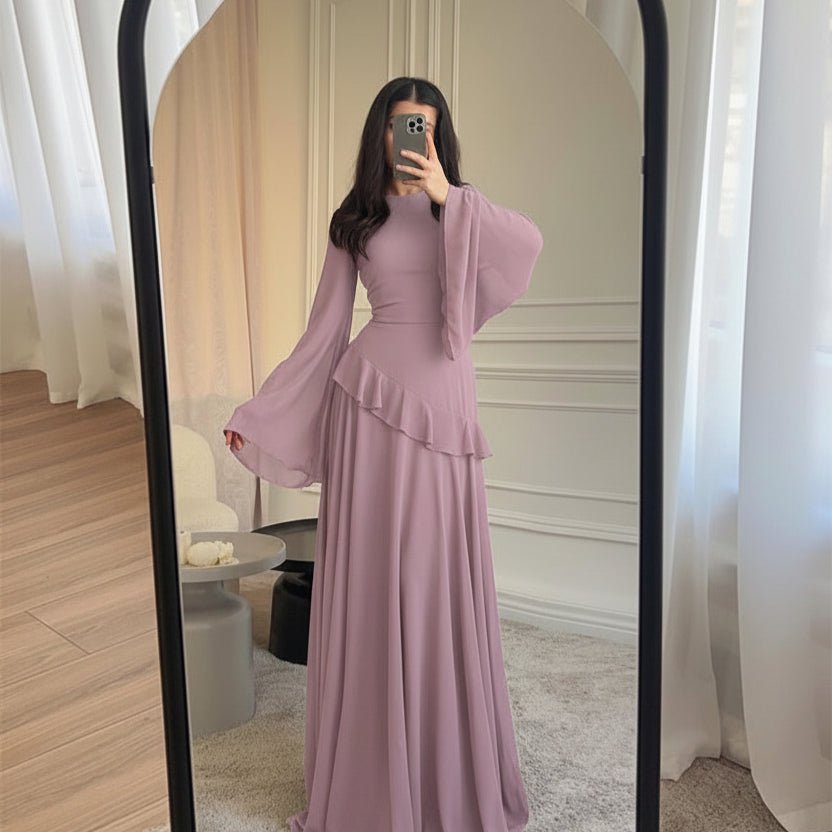 Chiffon Ruffle Gown with Tie-Back | Bell Sleeve Tiered Maxi Dress(MS227)
