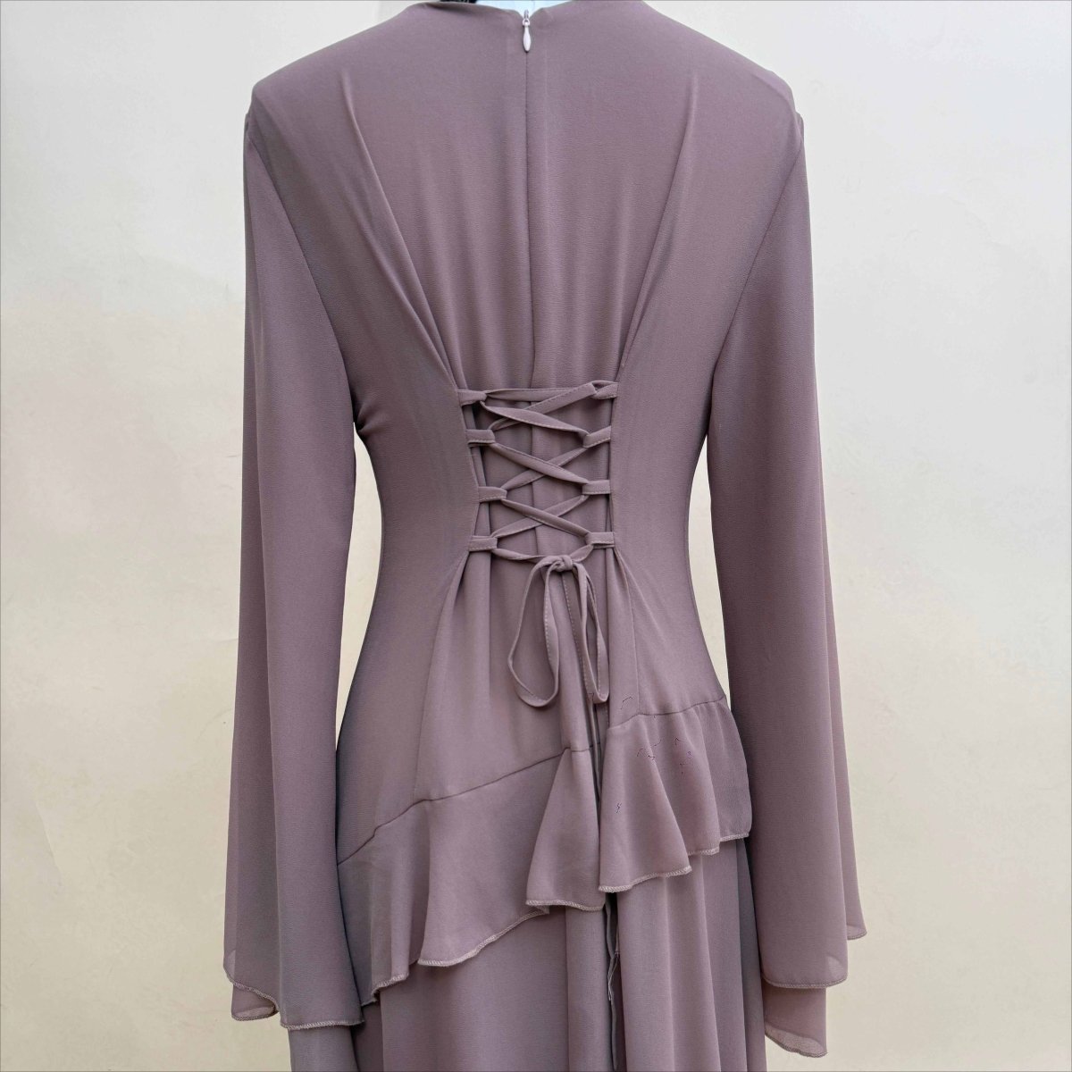 Chiffon Ruffle Gown with Tie-Back | Bell Sleeve Tiered Maxi Dress(MS227)