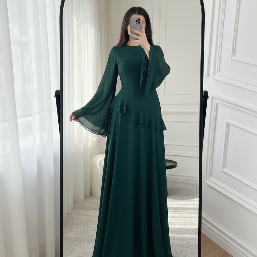 Chiffon Ruffle Gown with Tie-Back | Bell Sleeve Tiered Maxi Dress(MS227)