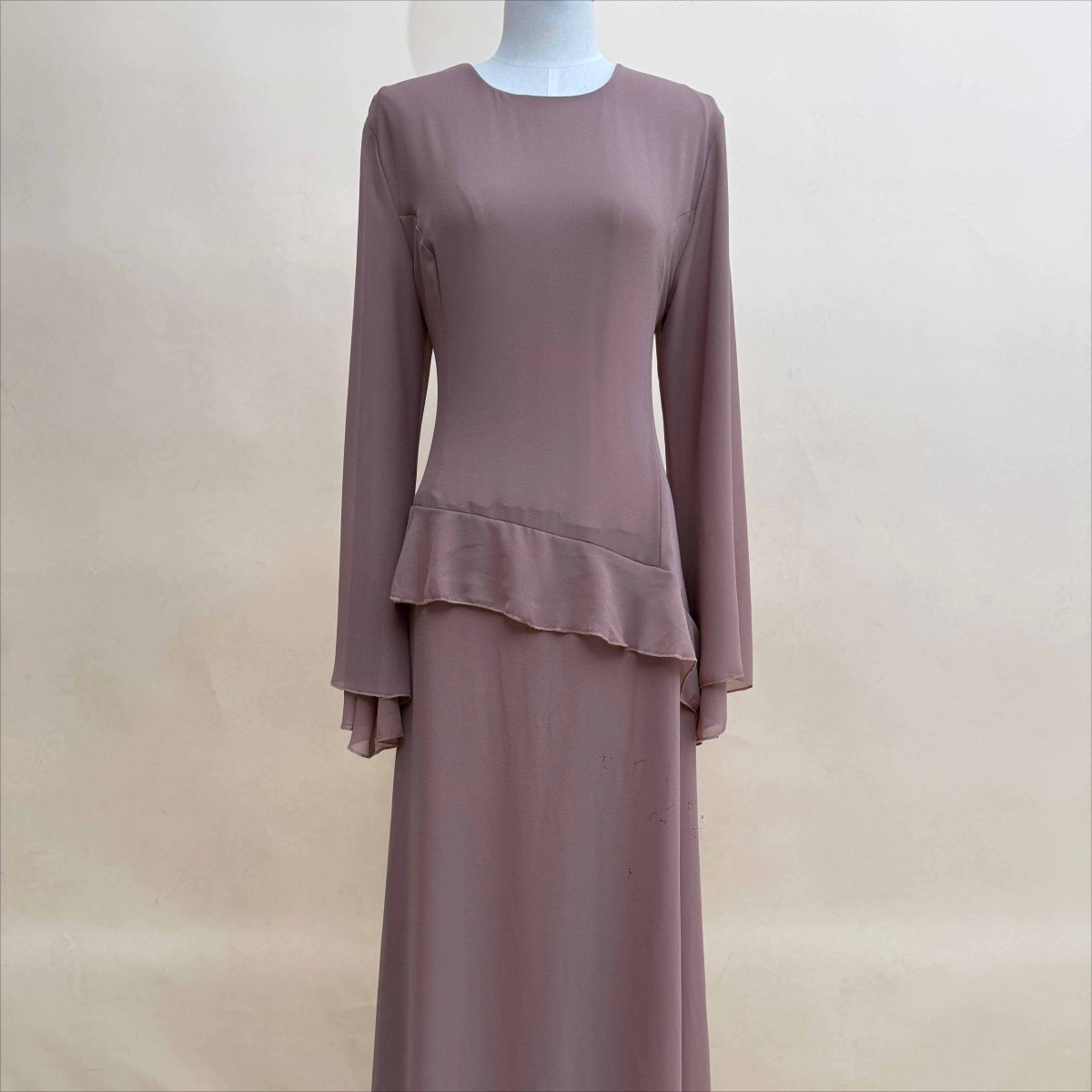 Chiffon Ruffle Gown with Tie-Back | Bell Sleeve Tiered Maxi Dress(MS227)