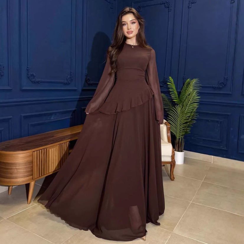 Chiffon Ruffle Gown with Tie-Back | Bell Sleeve Tiered Maxi Dress(MS227)