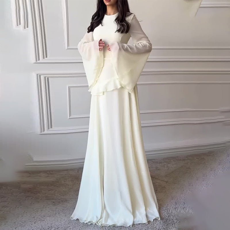 Chiffon Ruffle Gown with Tie-Back | Bell Sleeve Tiered Maxi Dress(MS227)