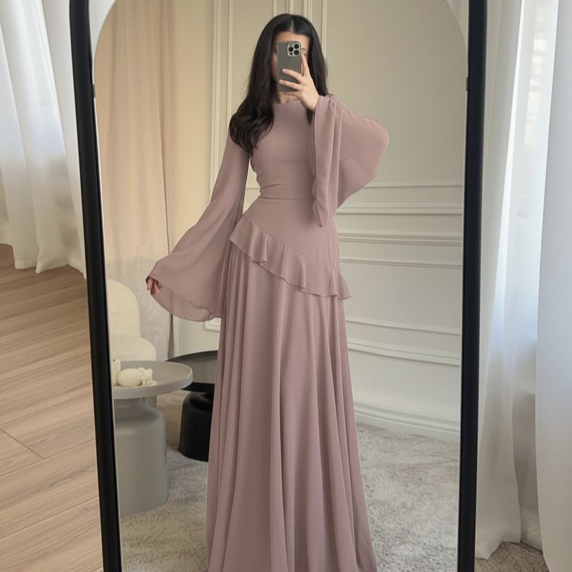 Chiffon Ruffle Gown with Tie-Back | Bell Sleeve Tiered Maxi Dress(MS227)