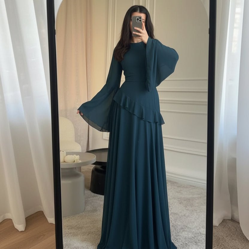 Chiffon Ruffle Gown with Tie-Back | Bell Sleeve Tiered Maxi Dress(MS227)
