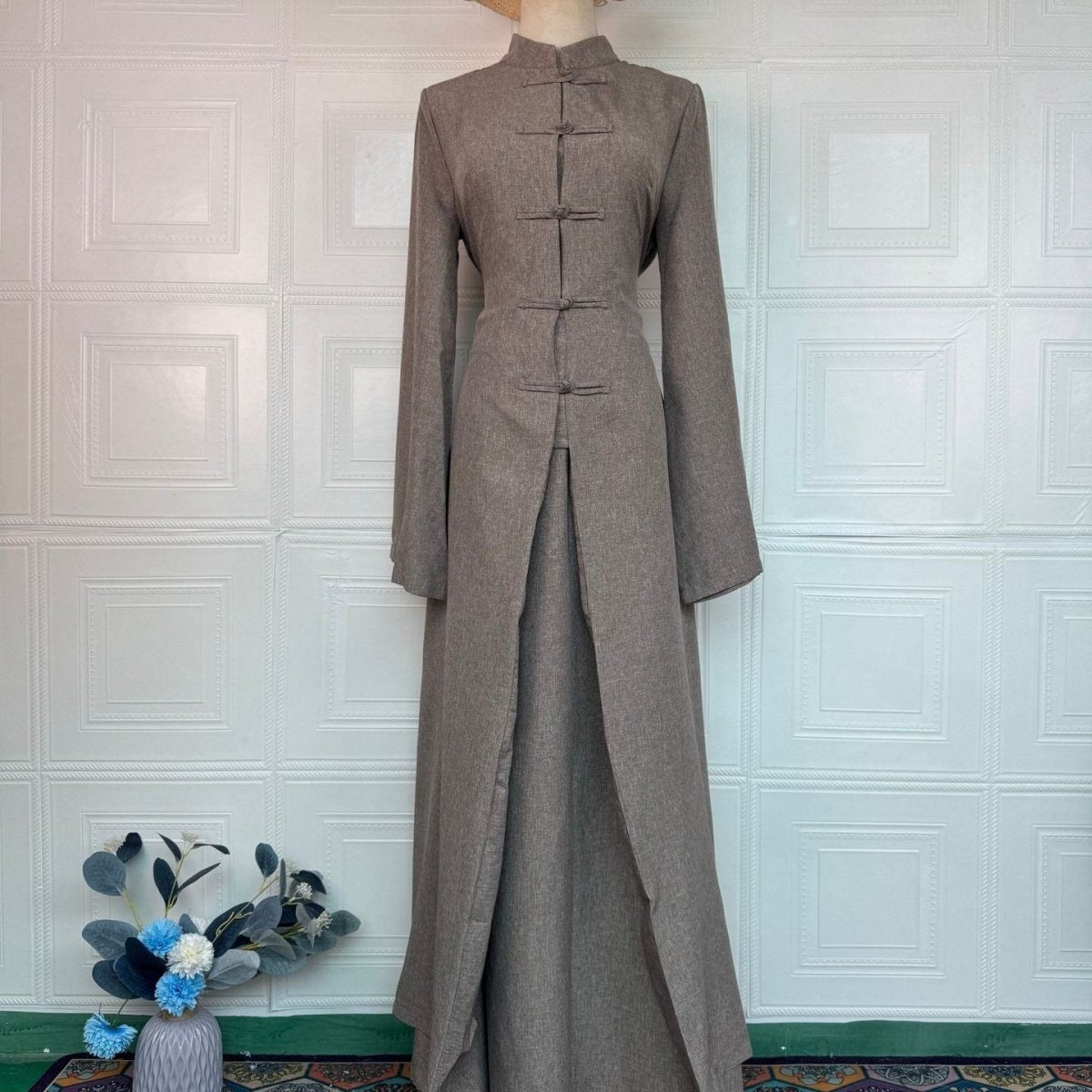 Chinese Frog Button Stand Collar Top & Wide-Leg Maxi Skirt Co-ord Set(MS483)