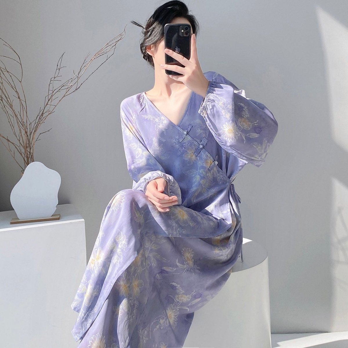Chinese Style Jacquard & Print Maxi Wrap Dress(MS424)