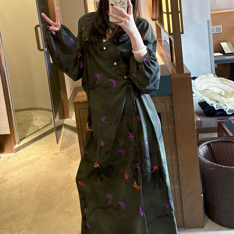Chinese Style Jacquard & Print Maxi Wrap Dress(MS424)