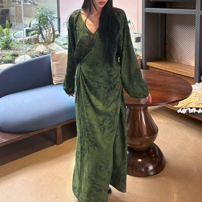 Chinese Style Jacquard & Print Maxi Wrap Dress(MS424)