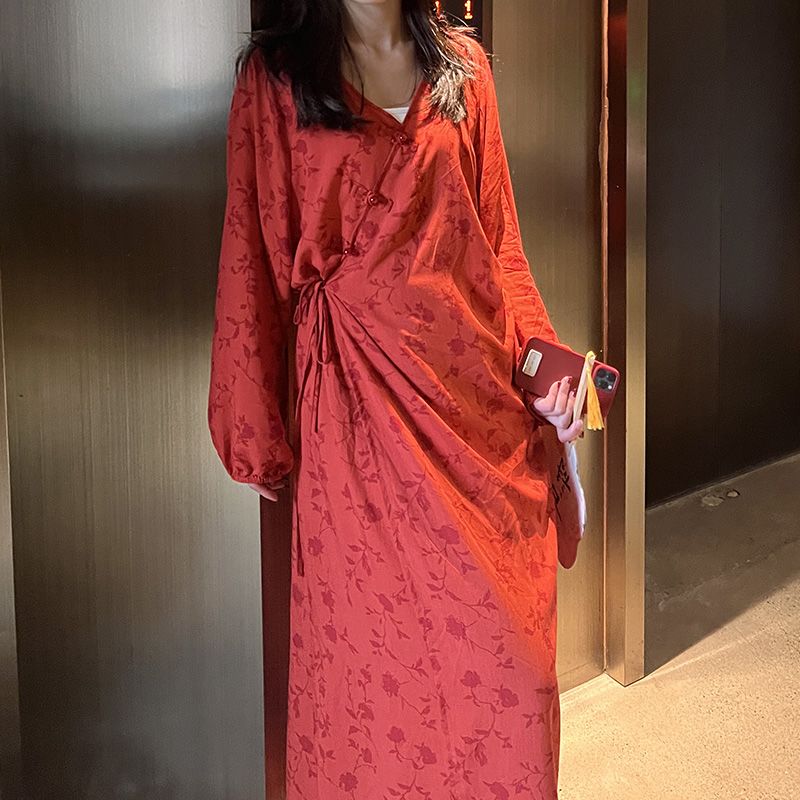 Chinese Style Jacquard & Print Maxi Wrap Dress(MS424)