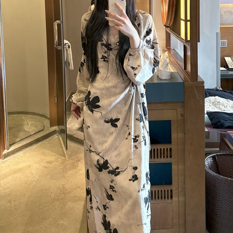 Chinese Style Jacquard & Print Maxi Wrap Dress(MS424)
