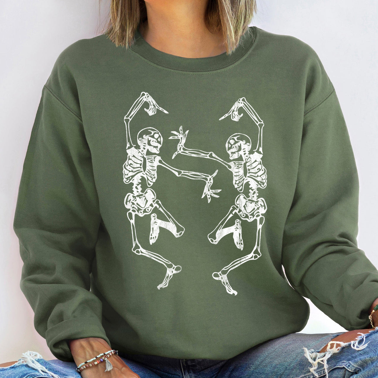 Dancing Skeletons Vintage Halloween Night Parade Whimsical Skeleton Dance Artwork Sweatshirt