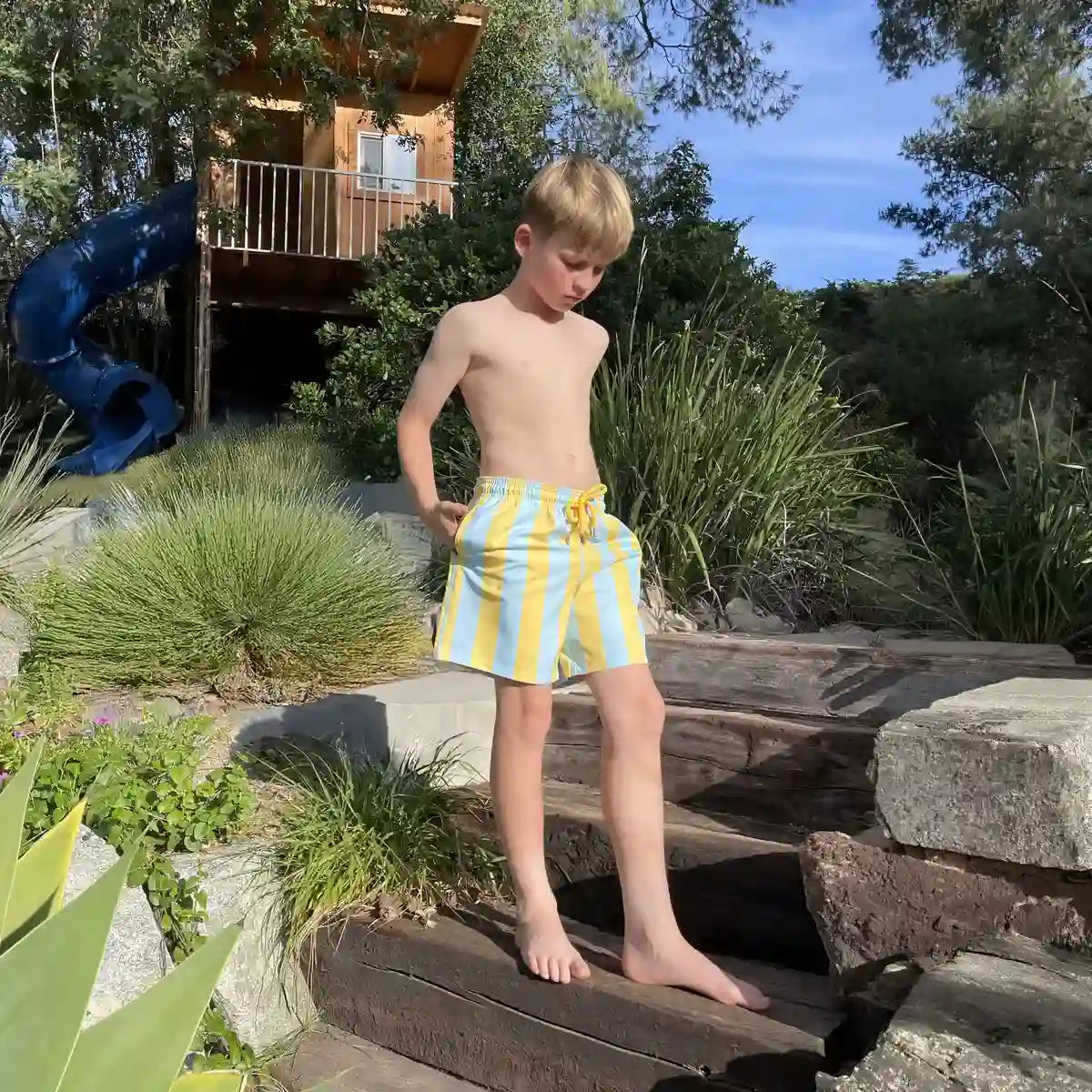 Boys Hybrid Swim & Play Shorts – Coastal Cabana - Sun and Sky
