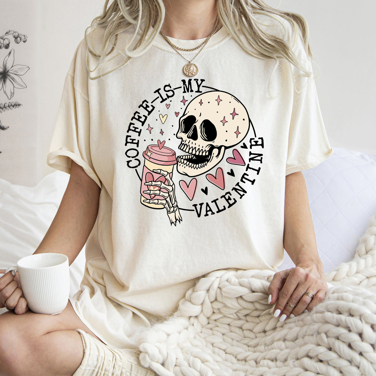 Coffee Is My Valentine Skeleton Caffeine Classic Retro Limited Edition Comfort Colors Tee