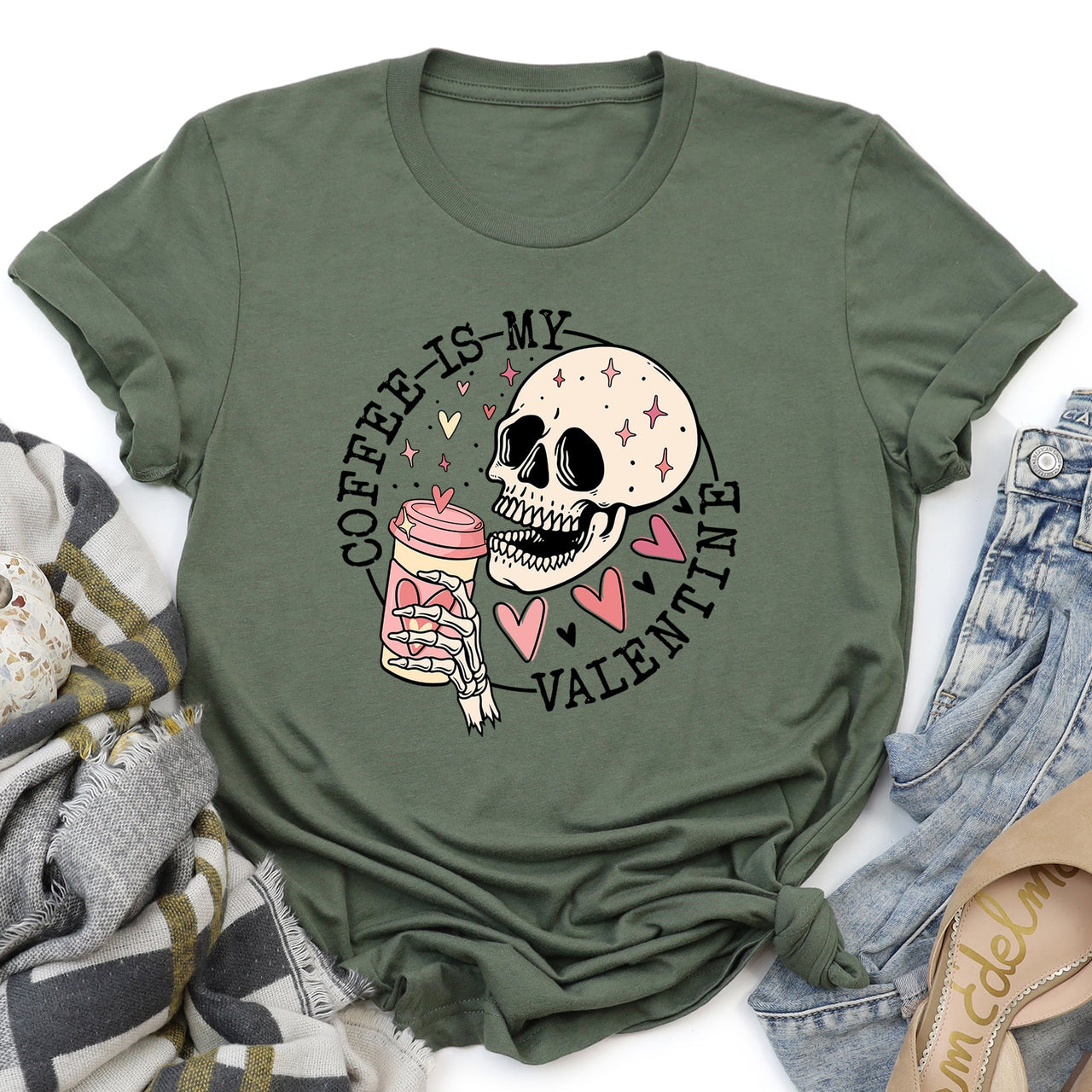 Coffee Is My Valentine Skeleton Caffeine For Coffee Lovers Valentine's Day Edition Graphic Tee